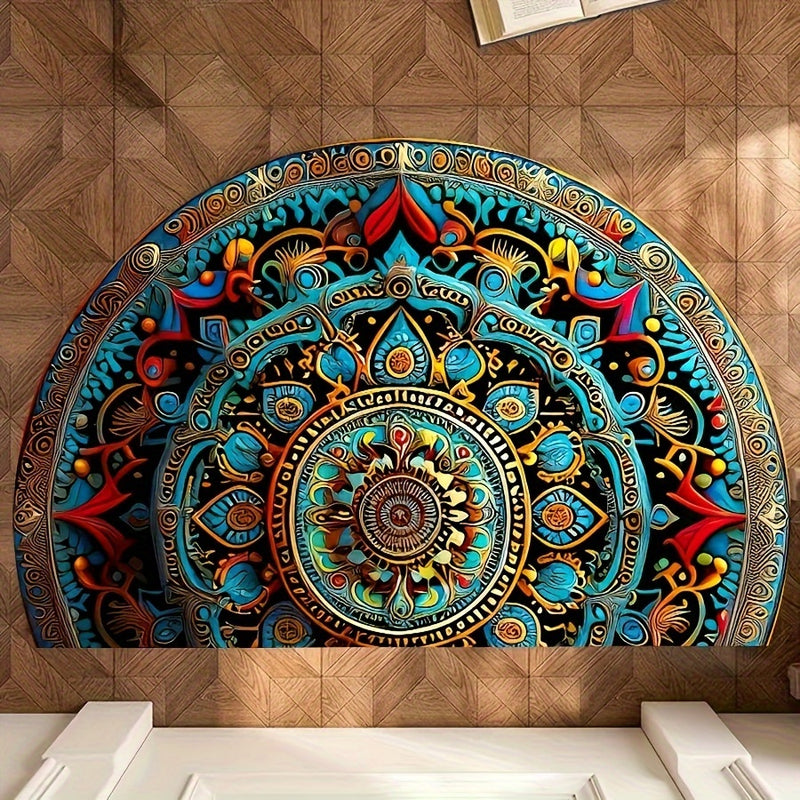 Felpudo de entrada Boho Mandala Semi-Circular, Antideslizante, Superabsorbente de fibra de poliéster de terciopelo de cristal con respaldo de moldeado de punto, lavable en máquina para entrada, sala de estar, cocina - 1000gsm, adecuado para centros comer