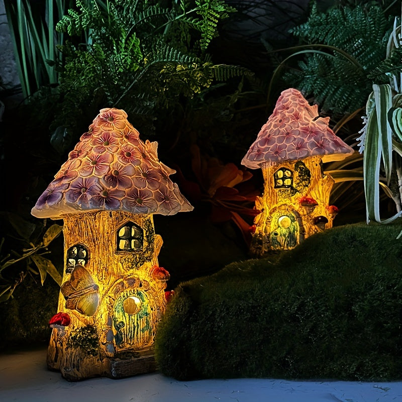 1pc ZYLIWOO Casa de hada de resina solar, luz de jardín eficiente en energía, decorativa figurita de LED de paisaje con patrón de flor, acabado de encaústica, césped exterior, patio, decoración de Halloween para patio trasero