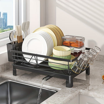 1 pieza de escurridor de platos para cocina: escurridor de platos con escurridero y soporte de utensilios extraíble para fregadero, color negro