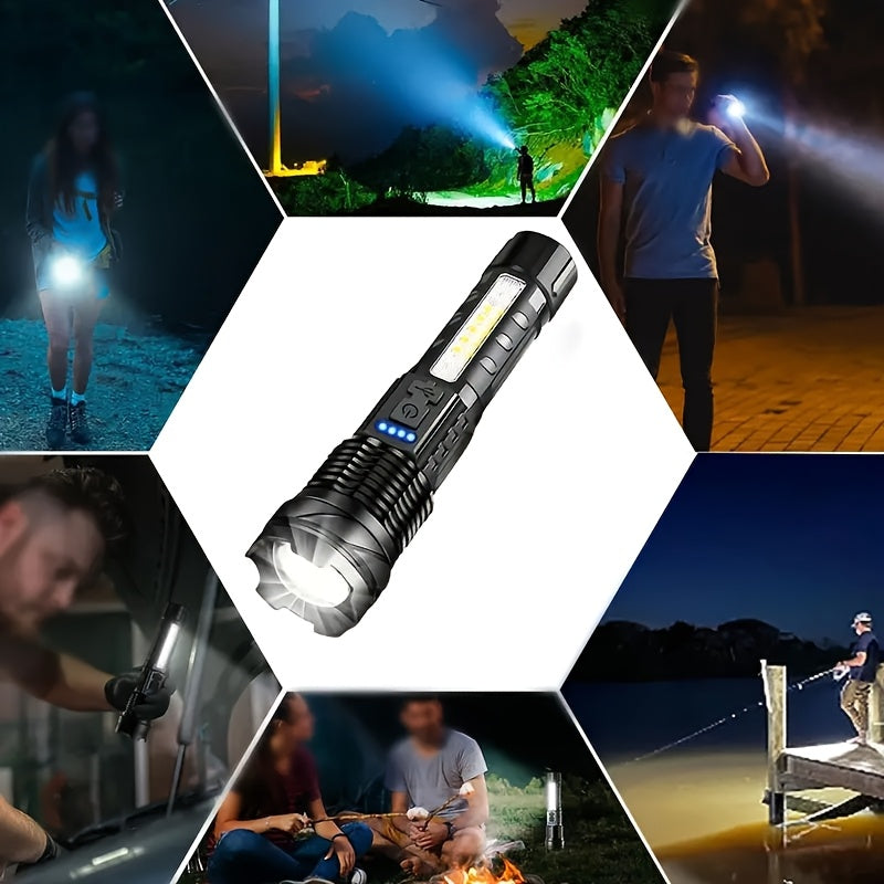Una linterna multifuncional para exteriores, con un zoom telescópico súper brillante, luz de camping recargable, adecuada para viajes, camping, senderismo, pesca y emergencias.