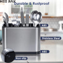 Un organizador de cubiertos de plata, un soporte de utensilios de cocina de encimera, un soporte de bolas de acero inoxidable, con un diseño de 4 compartimentos para organizar utensilios, cucharas y tenedores.