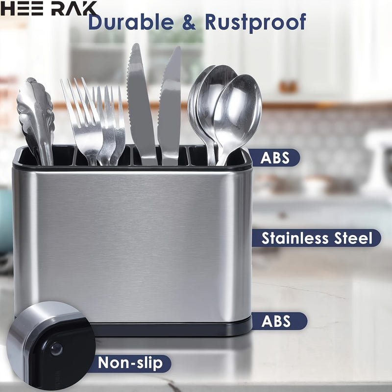 Un organizador de cubiertos de plata, un soporte de utensilios de cocina de encimera, un soporte de bolas de acero inoxidable, con un diseño de 4 compartimentos para organizar utensilios, cucharas y tenedores.