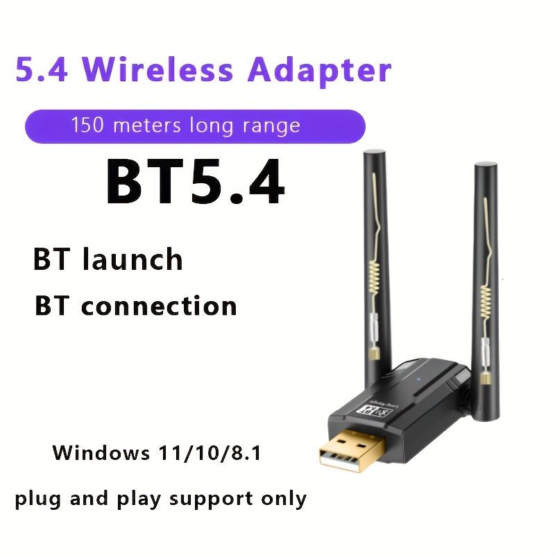 Adaptador inalámbrico 5.4, receptor y transmisor USB, compatible con Windows 8.1/10/11, sin controlador, enchufa y juega. Compatible con versiones 5.3/5.1/5.0/4.0/3.0BT. Ideal para altavoces, auriculares, teclados, ratones, teléfonos móviles, tabletas y