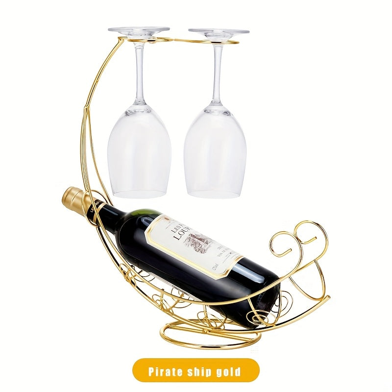 Elegante Soporte de Vino de Barco Pirata con Portavasos – Soporte Decorativo de Metal para Vino Tinto, Champán y Licores, Perfecto para Barra de Casa o Exhibición de Fiesta, Accesorios Piratas
