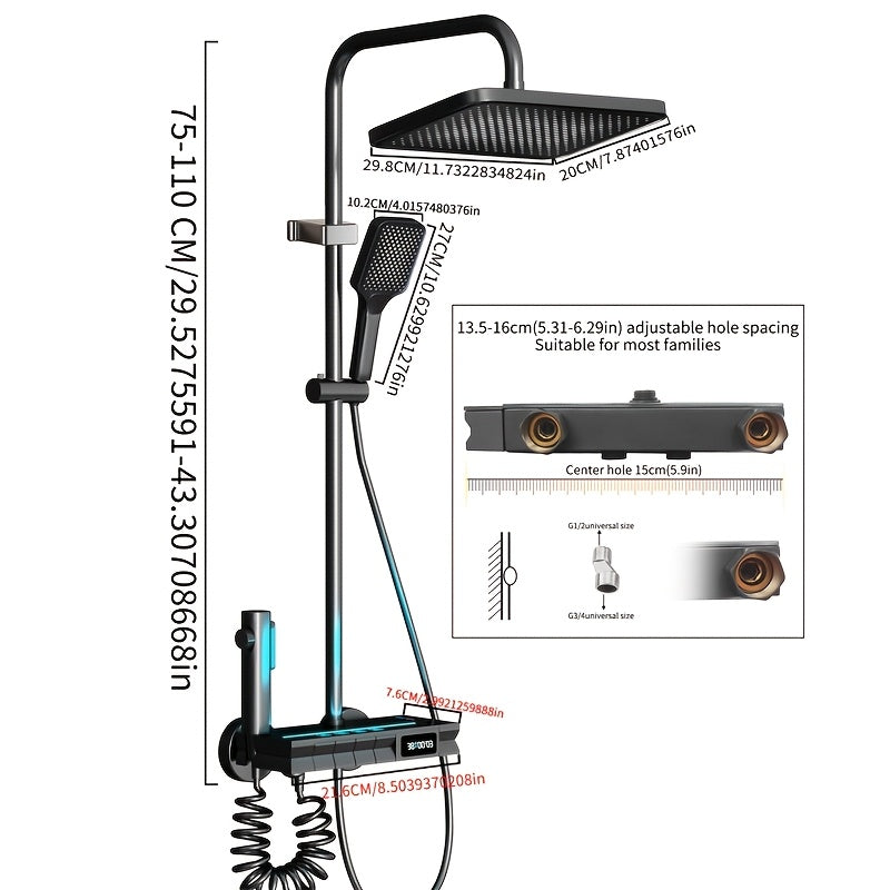 1 juego de sistema de ducha de lluvia termostático de cobre completo con pantalla digital LED inteligente, con luces de ambiente para el baño del hogar, ducha de lluvia de baño y ducha de mano, accesorios de baño