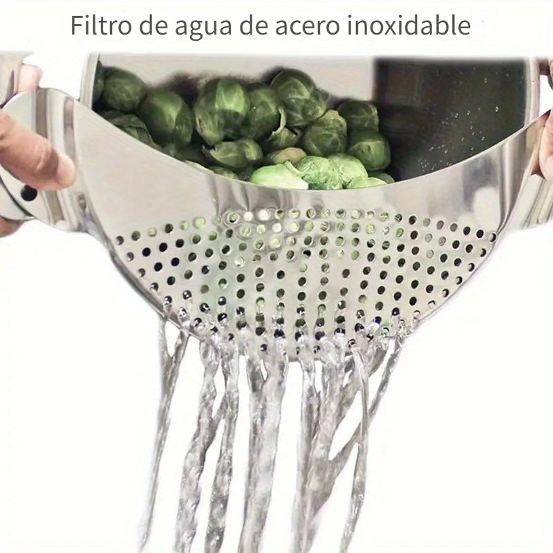 1 pieza de filtro lateral de sartén de cocina de acero inoxidable, sin carga, fácil de drenar, no necesita fuente de alimentación, fabricado con material de acero inoxidable, con separación de agua, para pasta, verduras, frutas, accesorios de cocina para