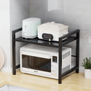 Estante expandible para microondas con 6 ganchos, repisa retráctil negra de metal con ganchos, soporte ajustable para panera y ollas, organizador de cocina para tostadora