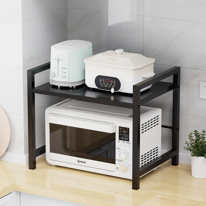 Estante expandible para microondas con 6 ganchos, repisa retráctil negra de metal con ganchos, soporte ajustable para panera y ollas, organizador de cocina para tostadora