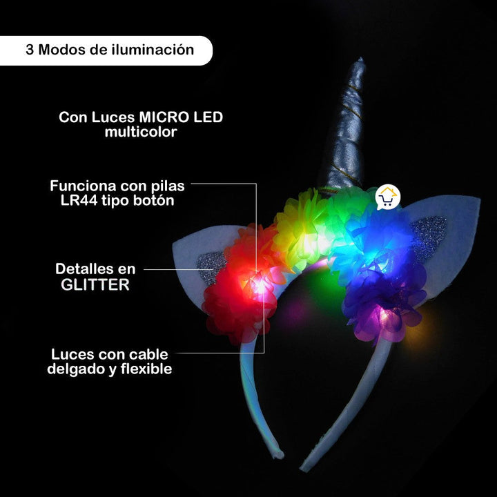 Diadema Tiara Unicornio Luz LED Floral Niñas OF364