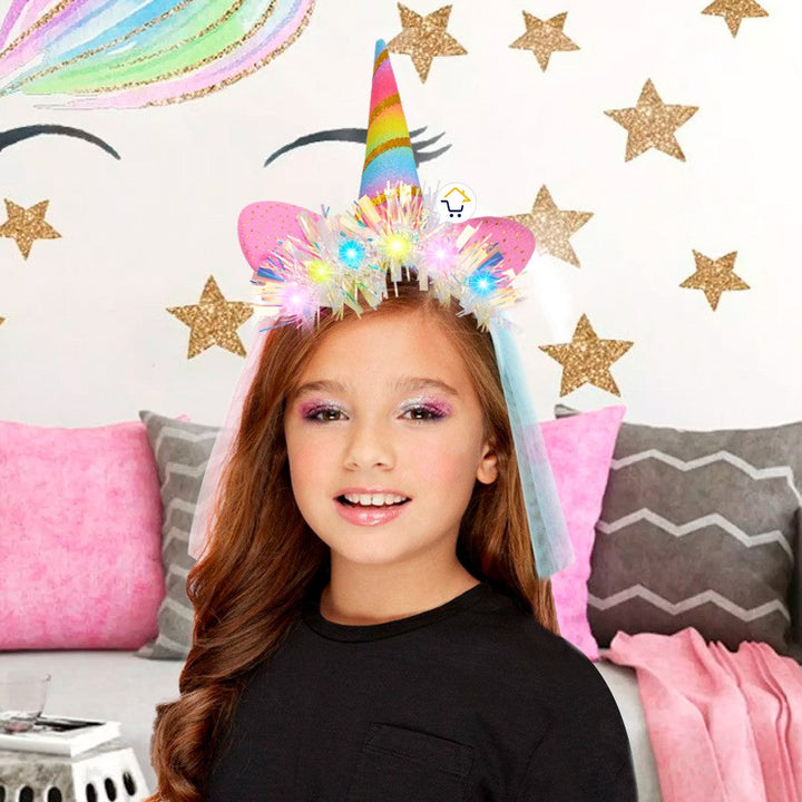 Diadema Tiara Unicornio Luz LED Velo Niñas OF365