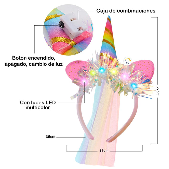 Diadema Tiara Unicornio Luz LED Velo Niñas OF365
