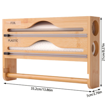 Organizador de cocina con cortador de papel film y soporte para papel - Solución de almacenamiento tres en uno: dispensador de papel encerado, rollos de papel encerado y aluminio - Ahorra espacio con portarrollo de plástico y dispensador de envoltura