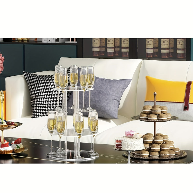 Soporte Elegante de 3 Niveles para Cócteles Transparente con Acrílico y 12 Porta Vasos - Exhibidor de Copas de Champán de Dos y Tres Pisos, Ideal para Fiestas y Eventos