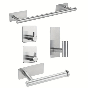 Juego de 5 accesorios para baño de acero inoxidable - Incluye barra para toallas, portarrollos de papel higiénico y gancho para albornoz - Fácil instalación sin taladrar - Opción perfecta para decoración del hogar, regalo de Navidad/Halloween
