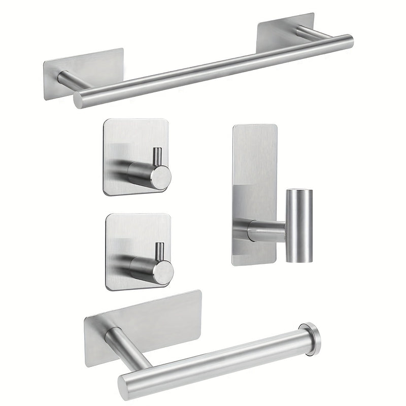 Juego de 5 accesorios para baño de acero inoxidable - Incluye barra para toallas, portarrollos de papel higiénico y gancho para albornoz - Fácil instalación sin taladrar - Opción perfecta para decoración del hogar, regalo de Navidad/Halloween