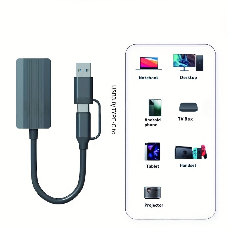 Adaptador USB-C Ethernet 2 en 1 con Velocidad de Internet de 2.5 Gb/s - Plug & Play, Sin Necesidad de Controladores, Compatible con Windows XP/7/8/8.1/10/11 para Portátiles/Tabletas/Smartphones