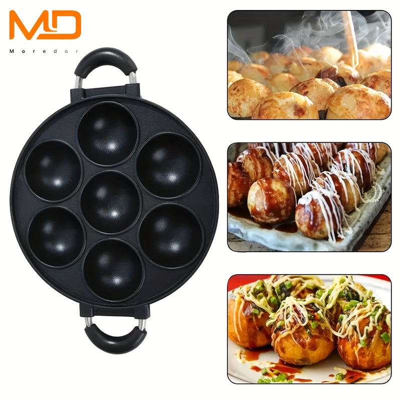 MOREDOR Sartén Antiadherente de 7 Agujeros con Molde para Pasteles de Aleación de Aluminio y Mango Ergonómico, Fácil Limpieza y Diseño Ahorrador de Espacio para Cocina en Casa, Actividades al Aire Libre, Panqueques, Empanadas
