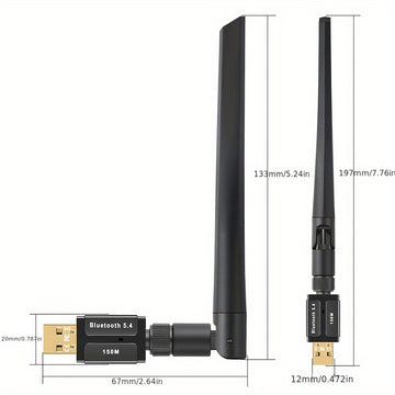 Adaptador inalámbrico USB 5.4 con una distancia máxima de transmisión de 150 metros sin retrasos, enchufa y juega para dispositivos variados como computadoras, auriculares, teclados, ratones y altavoces, permitiendo conexiones rápidas.