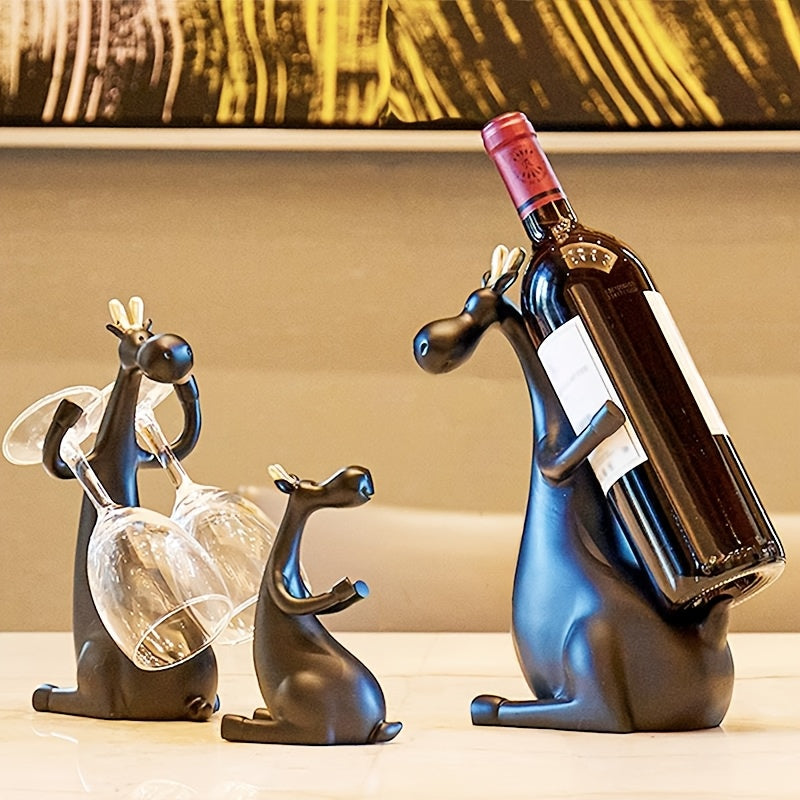 1pc Estatua de Alce de Resina Negra de Lujo para Familia de 3 - Pintada a Mano, Decoración Multifuncional para el Hogar con Exhibición de Vidrio y Botella, Ideal para Regalos de Navidad, San Valentín y Acción de Gracias, Decoración de Alce