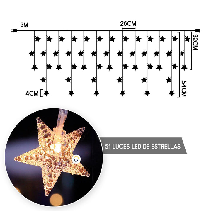 Luces Led Estrellas 3 Metros Extensión Cortina Luz Navidad Cálido ZE019CA