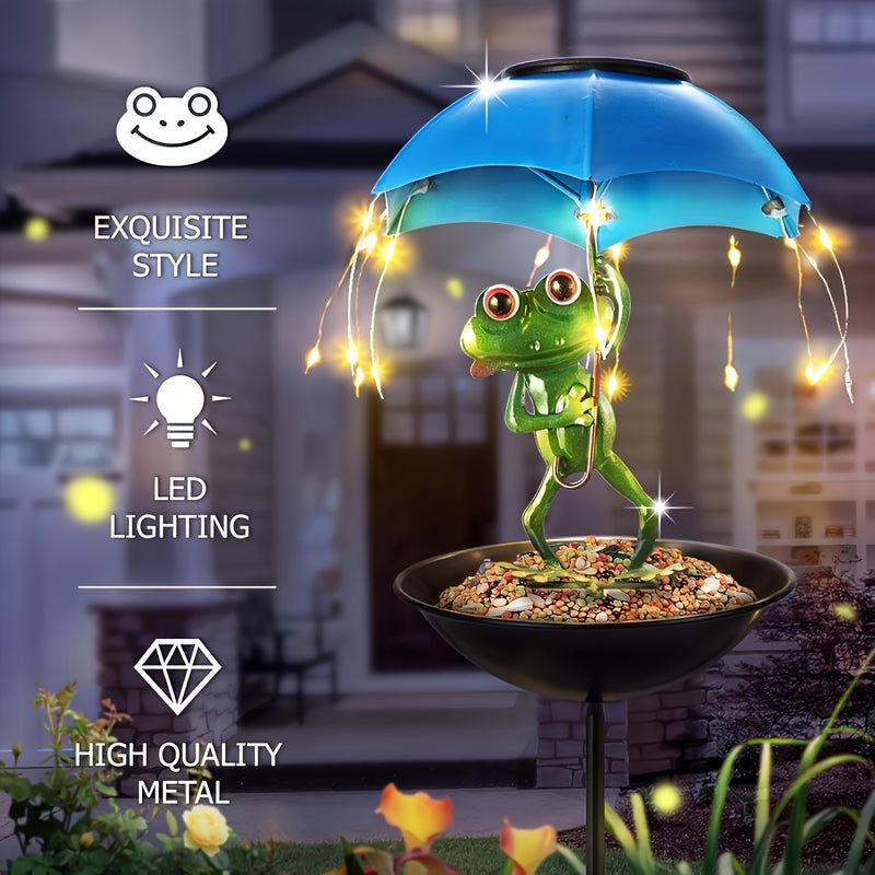 1pc Estatuilla de Rana Solar con Luces LED Automáticas y Comederos para Pájaros - Decoración Metálica para Jardín, Patio o Césped con Sombrilla, Atrae Colibríes - Regalo Perfecto para Jardineros, Accesorio Caprichoso para Exteriores