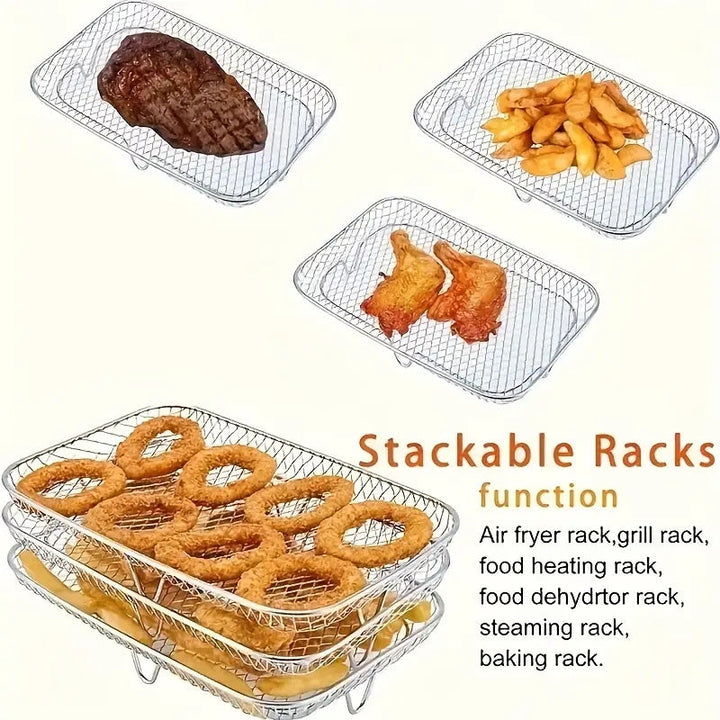 3pcs Accesorios de Acero Inoxidable para Freidora de Aire - Rejilla Rectangular Multifuncional, Apto para Microondas, Apilable y Antiadherente - Adecuado para la Mayoría de Freidoras de Aire, Revestimiento para Freidora de Aire