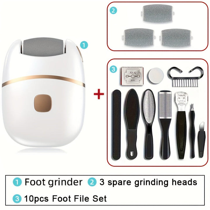 Amoladora Eléctrica para Pies con 3 Cabezales de Repuesto, Juego de Herramientas de Pedicura de 10 Piezas, Lima Eléctrica - 2 Velocidades, Batería de Litio 400mAh, Luces LED Auxiliares, Compacta y Portátil para Viajes - El Mejor Regalo para el Día del Pa