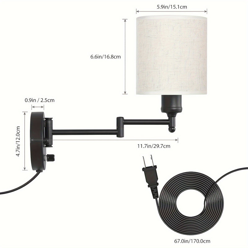 Conjunto de 2 apliques de pared con brazo oscilante y pantalla de lino moderna, lámpara de pared desmontable de metal con base E26 para sala de lectura, sala de estar - Enchufe estadounidense, 110V-130V, incluye herrajes de instalación