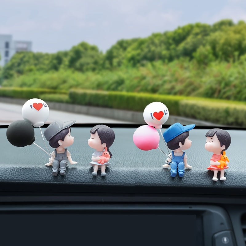 Figuras de acción de parejas de dibujos animados con globos para el salpicadero del coche - Resina ABS duradera, accesorio perfecto para el interior del auto y regalo para niñas, decoración de coche linda