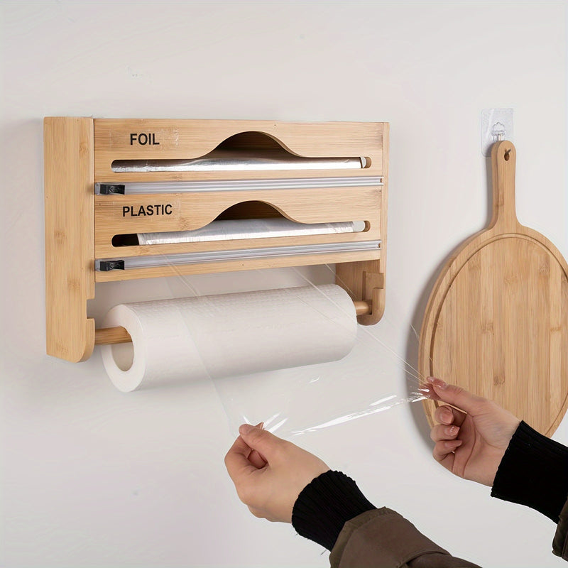 1pc Organizador de Pared de Bambú para Papel Aluminio, Bolsas y Envoltura - 3 en 1 con Cortador Integrado, Diseño Ahorrador de Espacio para Encimera o Despensa