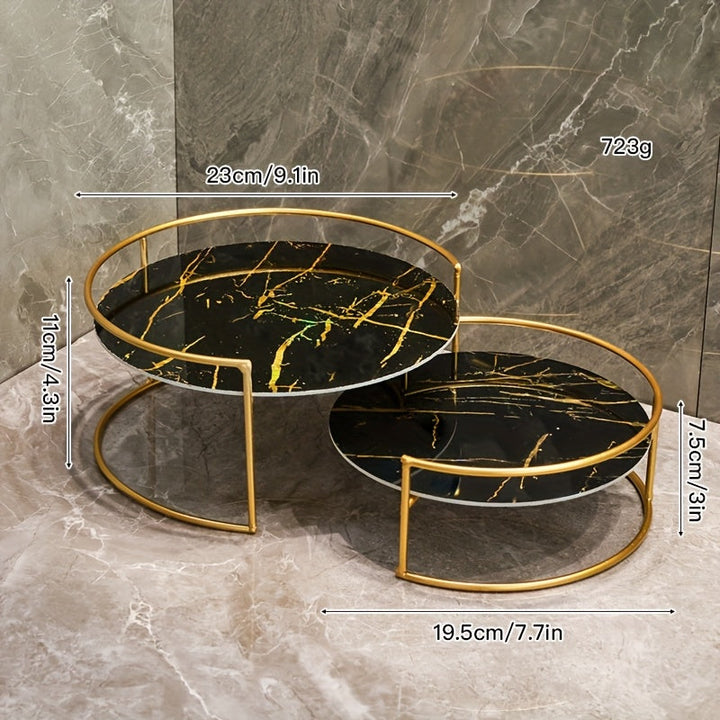 Juego de 2 bandejas para baño, modelo combinado grande + pequeña, placa base UV, marco metálico, adecuadas para encimeras de baños, dormitorios, oficinas, estantes de almacenamiento para escritorio