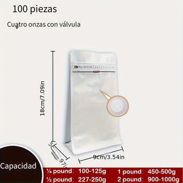 100pcs Bolsas de Café Autoadhesivas a Prueba de Fugas con Válvula Unidireccional - Perfectas para Almacenamiento de Granos, Frutos Secos, Frutas Secas y Té