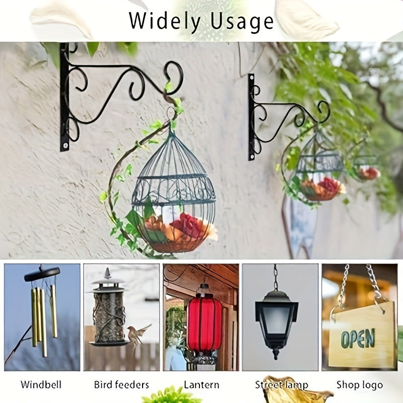 4 piezas de ganchos de pared de metal negro de alta resistencia para colgar macetas, faroles y luces de césped - Incluye tornillos, fácil de instalar, no necesita energía, ideal para decoración al aire libre e interior, decoración de jardín | Decoración