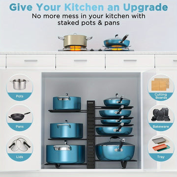 Organizador de ollas y sartenes de metal resistente de 8 niveles, antideslizante y resistente al óxido, diseño de pie para ahorrar espacio, ideal para cocinas en hogares y restaurantes, accesorio moderno y duradero para almacenamiento