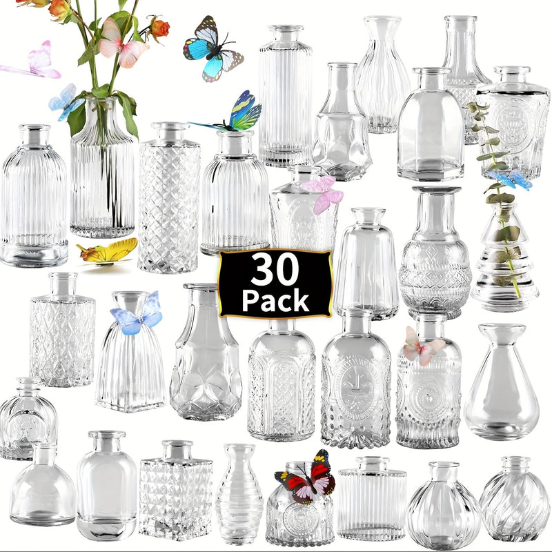 Juego de 10/20/25/30 Jarrones de Vidrio Transparente con Relieve para Arreglos Florales, Adecuado para Decorar Bodas, Escritorios de Oficina, Salas de Estar, Cocinas, Mesas de Comedor, Fiestas, Decoraciones para Cenas a la Luz de las Velas