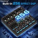 Mezclador de audio USB profesional Depusheng de 4/6 canales con iluminación RGB, consola de sonido, grabación para PC, entradas XLR y RCA para streaming, karaoke, fiestas, estudio en casa - material ABS, no requiere batería, configuración de grabación, a