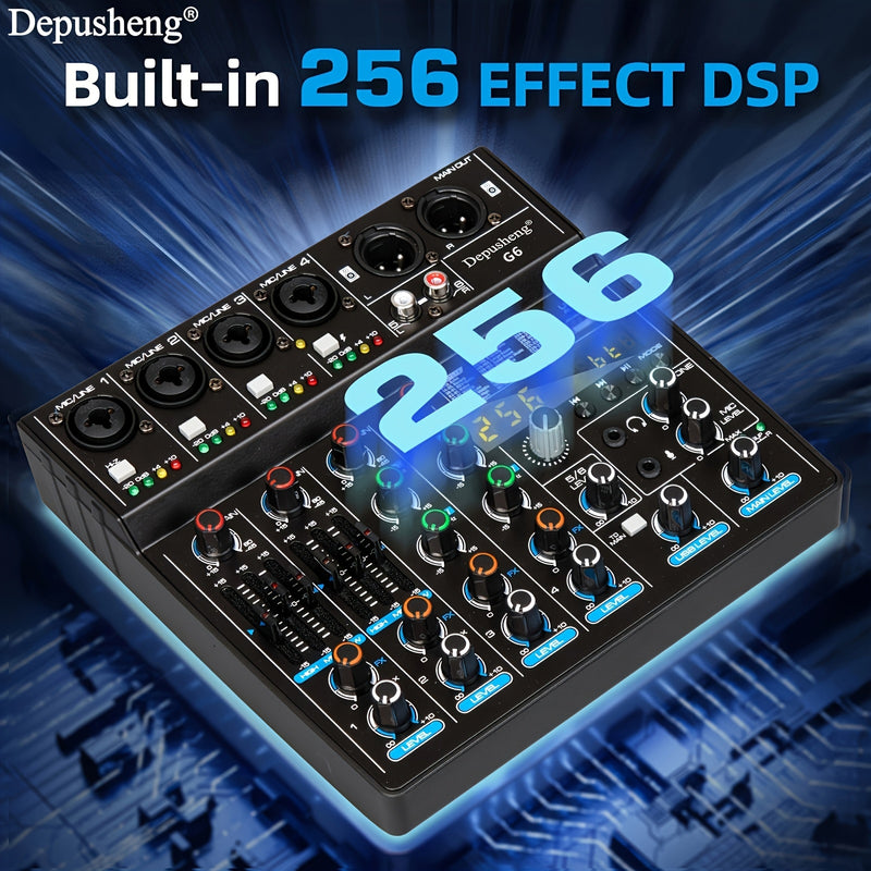 Mezclador de audio USB profesional Depusheng de 4/6 canales con iluminación RGB, consola de sonido, grabación para PC, entradas XLR y RCA para streaming, karaoke, fiestas, estudio en casa - material ABS, no requiere batería, configuración de grabación, a