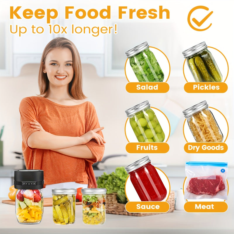Sellador de Vacío Automático para Frascos Mason - Recargable por USB, Compatibilidad con 5 Tapas Anchas y 5 Regulares, Ideal para el Almacenamiento de Productos Secos, Plástico Seguro para Alimentos, Máquina de Sellado al Vacío | Gadget de Cocina Moderna