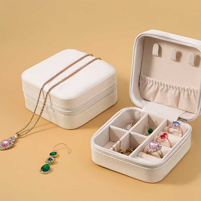 Estuche Elegante de Joyería Portátil en Piel Sintética para Mujeres - Organizador Compacto con Cierre de Cremallera, Compartimentos Múltiples para Anillos, Pendientes y Collares, Interior Forrado en Tela, Soporte para Aretes, Estilo Moderno, Construcción