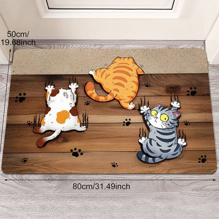 Alfombra de Bienvenida con Patrón de Gatos y Madera Retro Impreso en Poliéster, Suave y de Secado Rápido para Cocina y Ocio, Adecuada para Entrada Interior y Exterior
