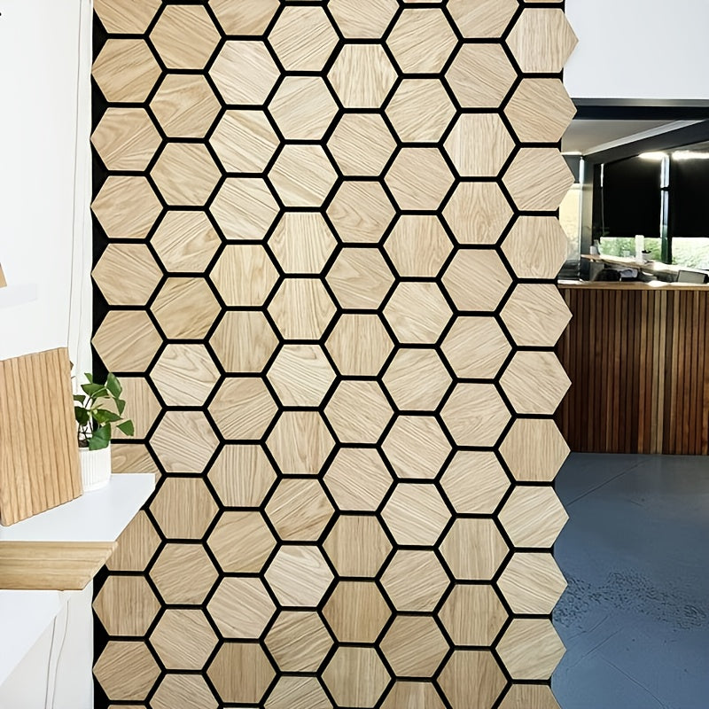 Paneles Acústicos Hexagonales Modernos en Fieltro Negro - Decoración de Pared y Techo Insonorizante de Roble Natural para Estudios de Grabación y Cines Caseros