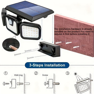 Luz solar de pared con 3 cabezas y 74 LED, ajustable, con sensor de movimiento, IPX4, para exteriores, hogar, jardín, patio, energía solar con batería, luces solares para exteriores, iluminación de patio, iluminación moderna, iluminación duradera.