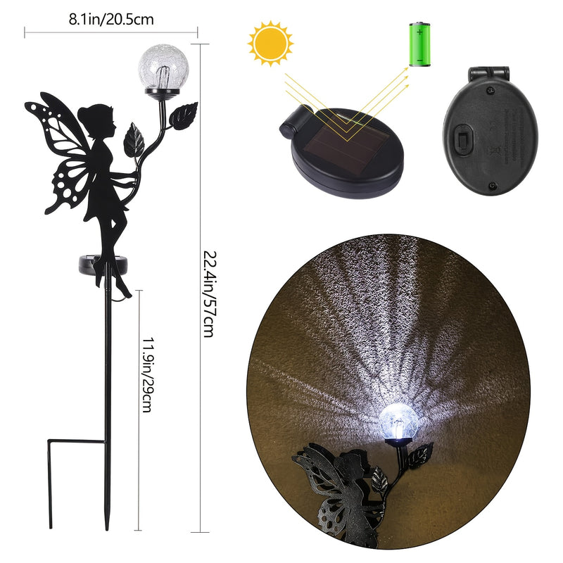 2 Piezas de Decoración Solar para Jardín de Hadas, Estatuas de Metal con Globos de Vidrio Craquelado y Luces, Silueta IPX4 para Exteriores, Patio, Jardín, Caminos, Regalos de Jardinería para el Día de la Madre, Decoración para Exteriores y Césped