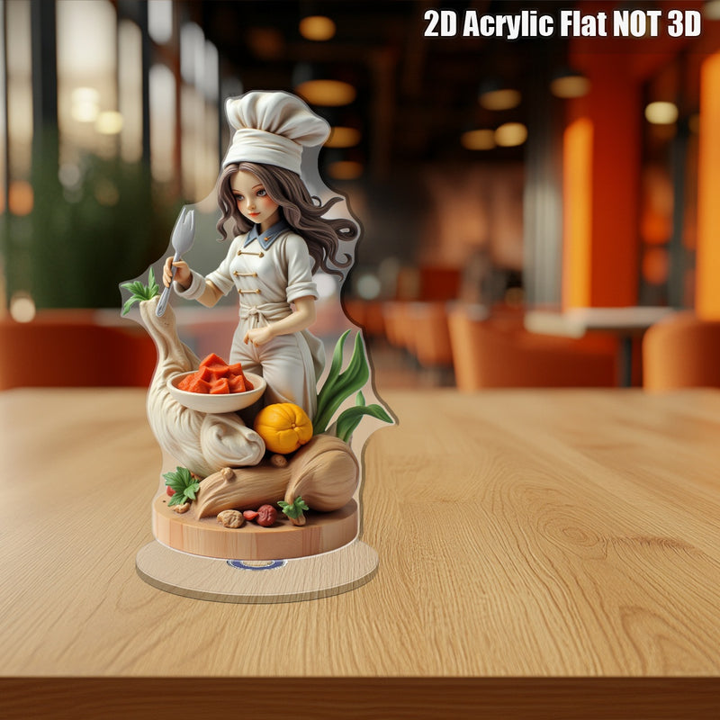 Decoración de chef femenina en cristal plano 2D - Adorno giratorio para mesa con tenedor y cuenco de ingredientes, ideal para decoración de cocina o regalo temático de cocinero | Diseño optimista y detallado, 2D plano