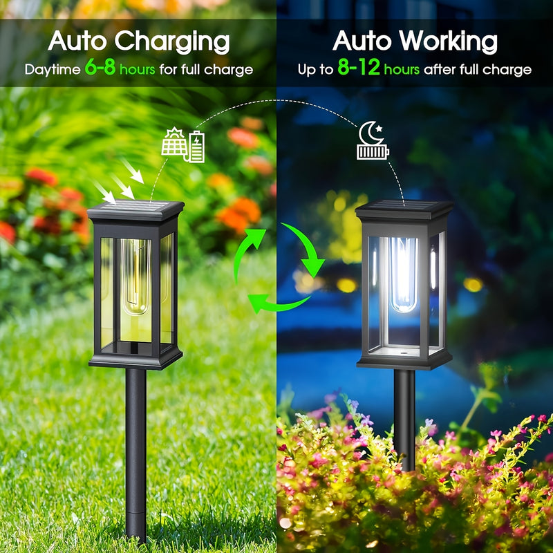 4 luces solares para senderos - Luces brillantes y eficientes para exteriores con función automática de encendido/apagado, ideales para césped, patio, sendero y decoración de garaje, iluminación de paisaje | Iluminación exterior moderna | Paneles solares
