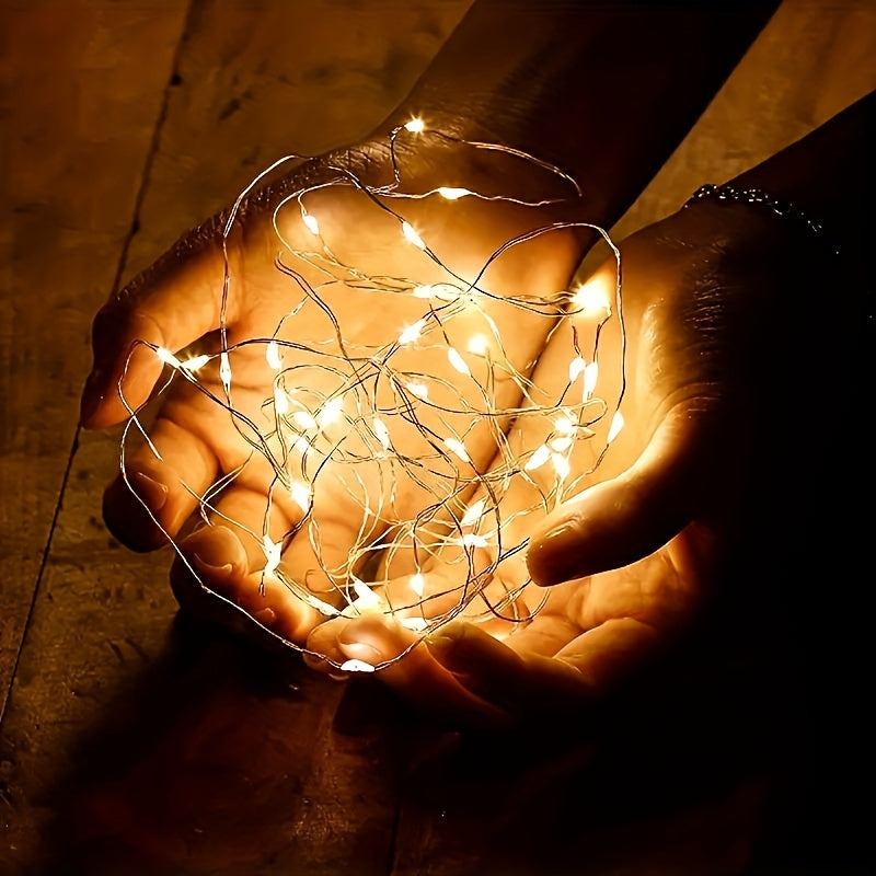 1pc Luces de cuerda LED para fiestas de cumpleaños, cable de cobre de hadas, ajuste de 3 niveles de brillo, operado por batería de botón no recargable incluida, control de interruptor, luz amarilla, sin control remoto