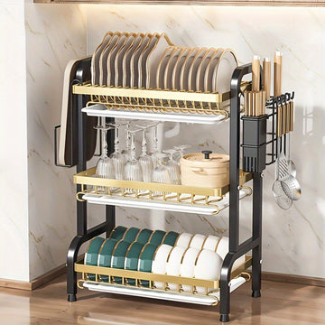 Escurridor de Platos de 2/3 Niveles, con Bandeja de Drenaje y Plato Goteador, Organizador de Cubiertos, Soporte para Cuchillos y Tenedores, Tabla de Cortar, Porta Palillos, Apto para Encimeras de Cocina, Accesorios de Cocina
