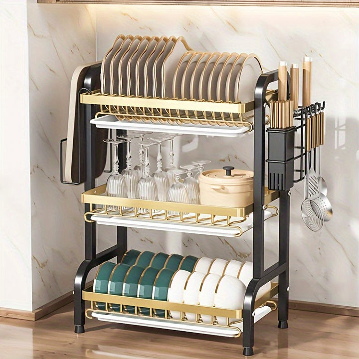 Organizador de Cocina Multifuncional Ever Blooming de 2/3 Niveles con Sistema de Drenaje - Estante de Acero al Carbono para Platos, Cubiertos y Utensilios, Diseño Compacto y Espacioso para Cocinas Pequeñas
