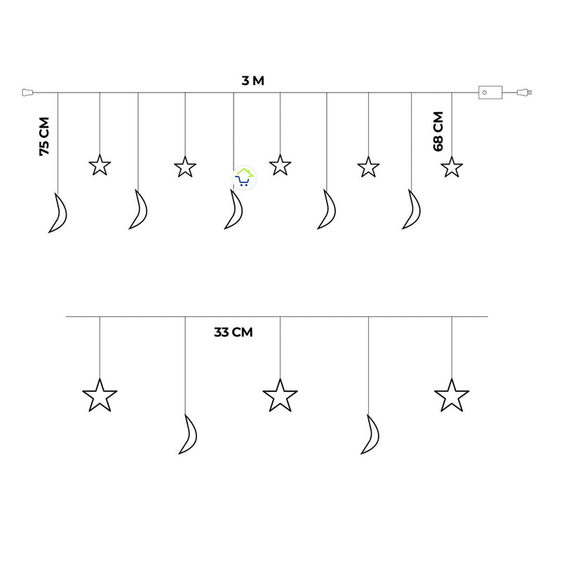 Cortina Intercalada Estrellas y Lunas 3 M x 79 CM  Luces 130 LEDS Navidad 1743
