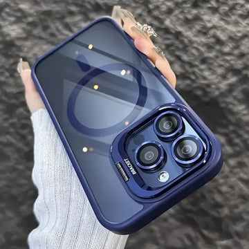Funda metálica semitransparente antideslizante y antigolpes premium para iPhone 16, 15, 14, 13 y 12 Pro Max, además de 14 y 15 Plus, con cierre magnético, carga inalámbrica y protección contra caídas, incluye cubierta protectora para el lente de la cámar